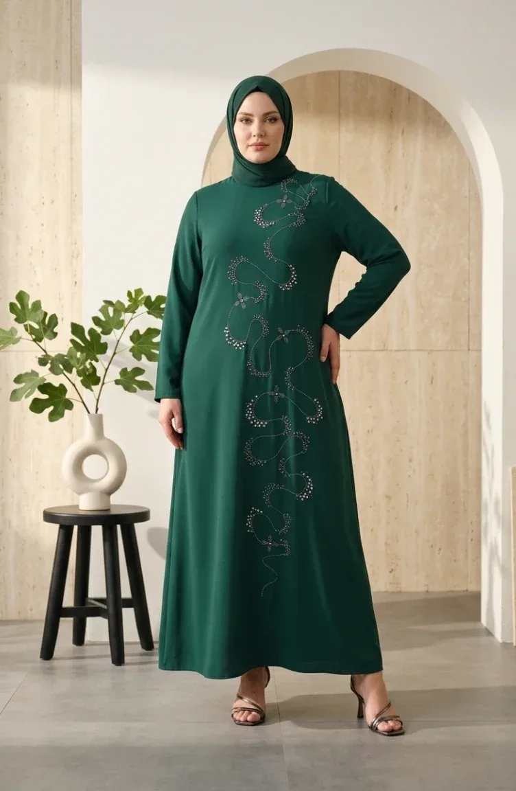 فستان سهرة أخضر زمردي مقاس كبير بزخرفة أحجار