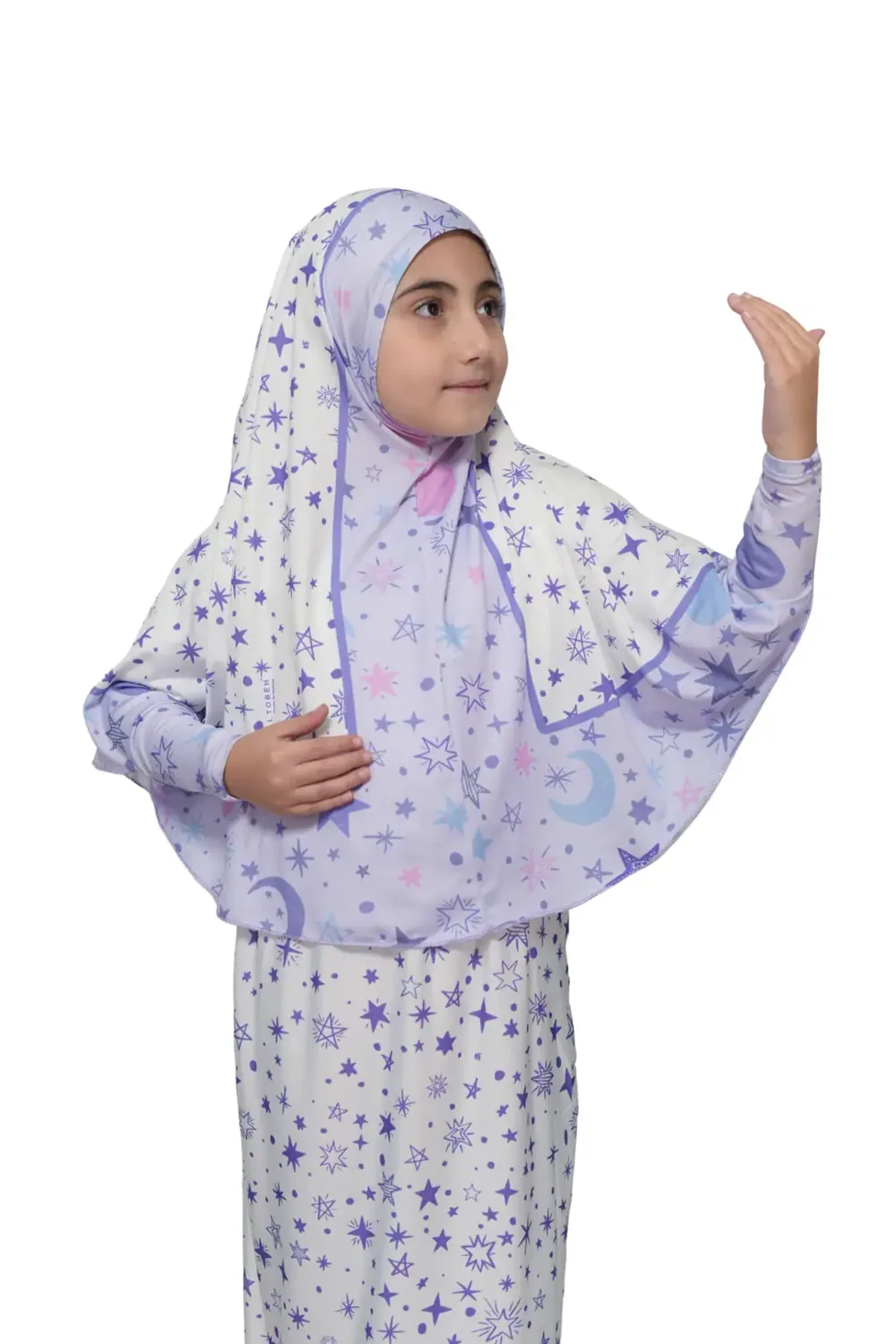 طقم صلاة بنات قطعتين أبيض بزهور زرقاء - صورة 2