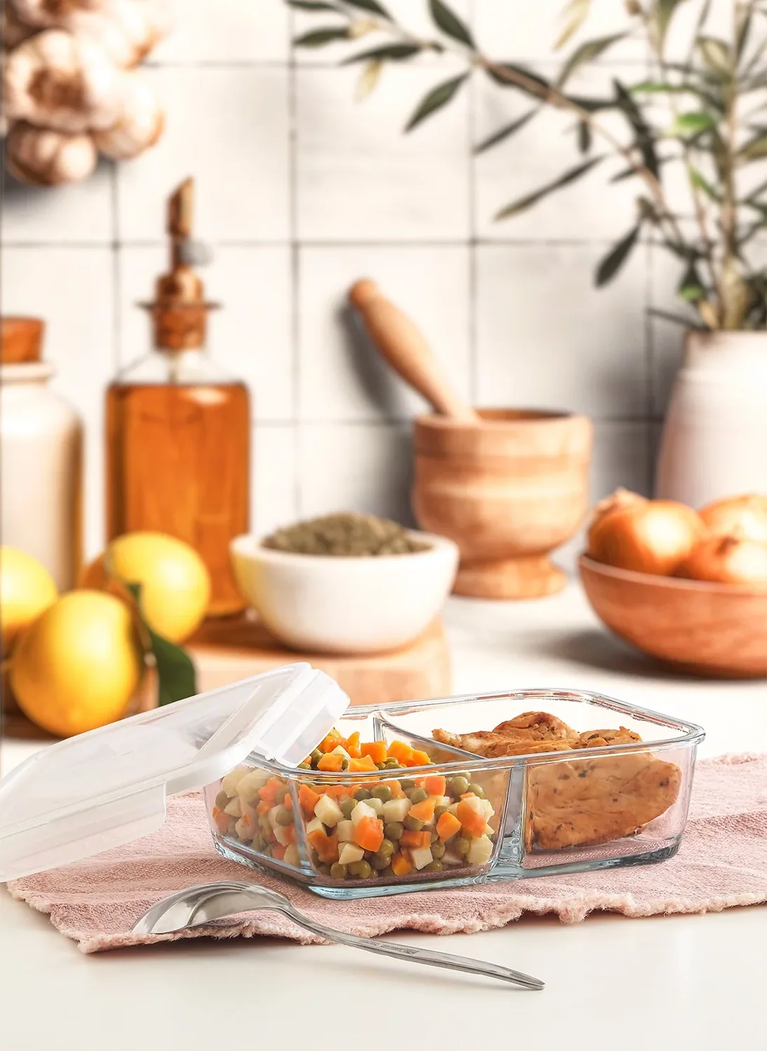 حافظة زجاجية كبيرة بأقسام للحصص الكبيرة