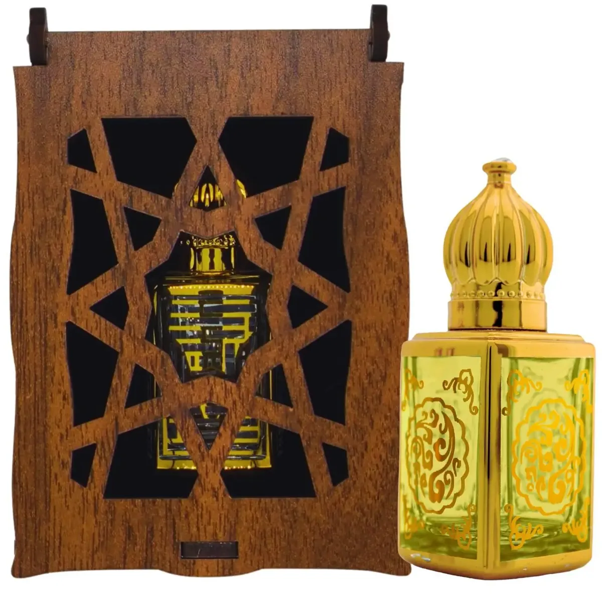 زيت عطر الحجر الأسود بدون كحول في قارورة سداسية بزخارف ذهبية 13 مل مع صندوق خشبي