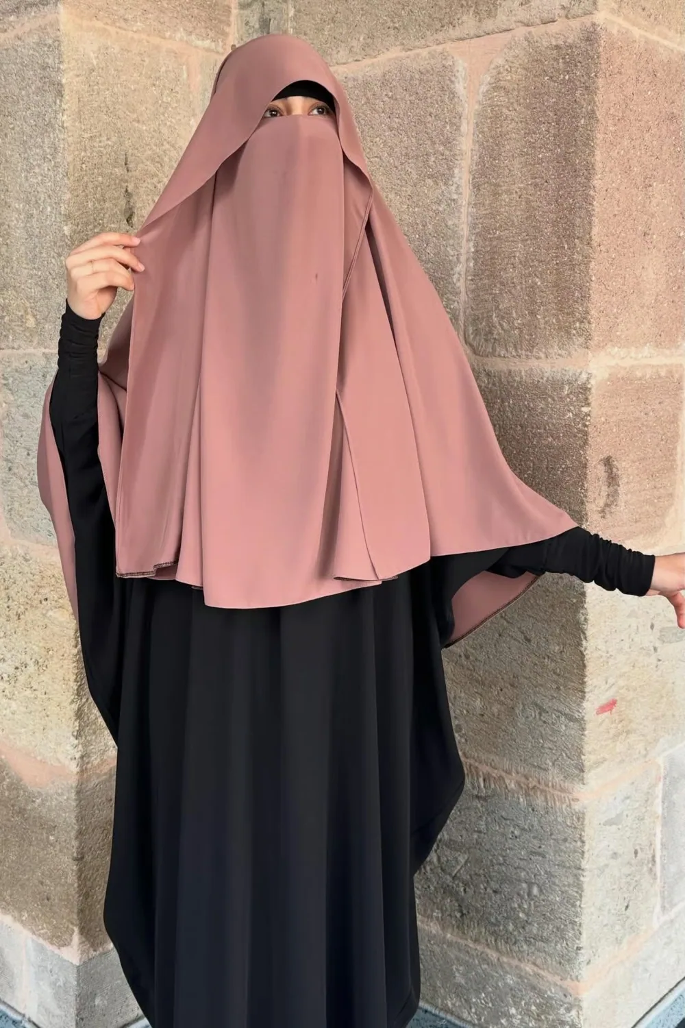 خمار مريم بطبقة نقاب شفافة وردي بودري - صورة 2