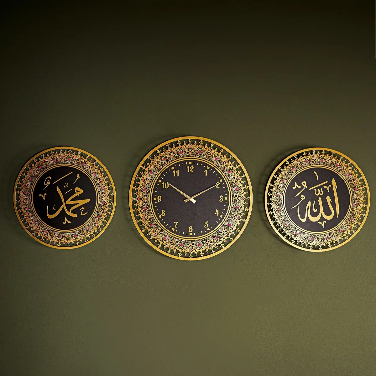 طقم لوحة معدنية وساعة حائط إسلامية من 3 قطع