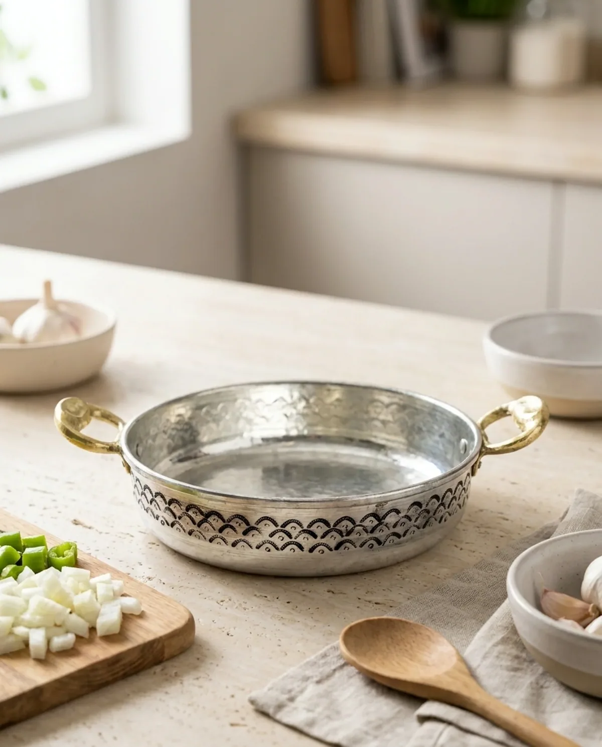 صحن طبخ نحاس أبيض بنقش الموج 21 سم - صورة 2