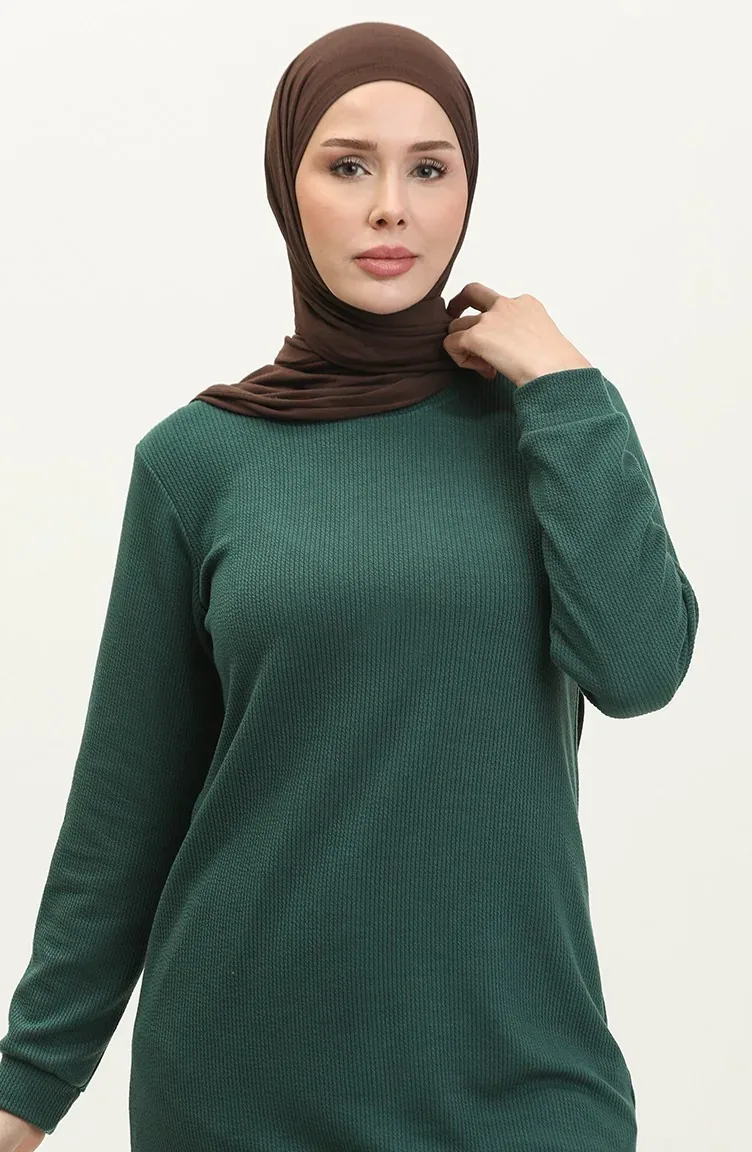 تونيك محبوك منقوش بياقة دائرية أخضر زمردي - صورة 3