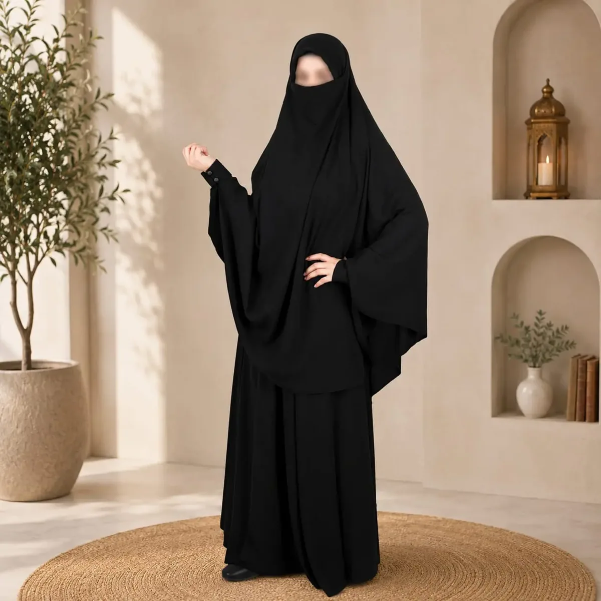 جلباب حريري بغطاء سلطاني وتنورة منفصلة أسود