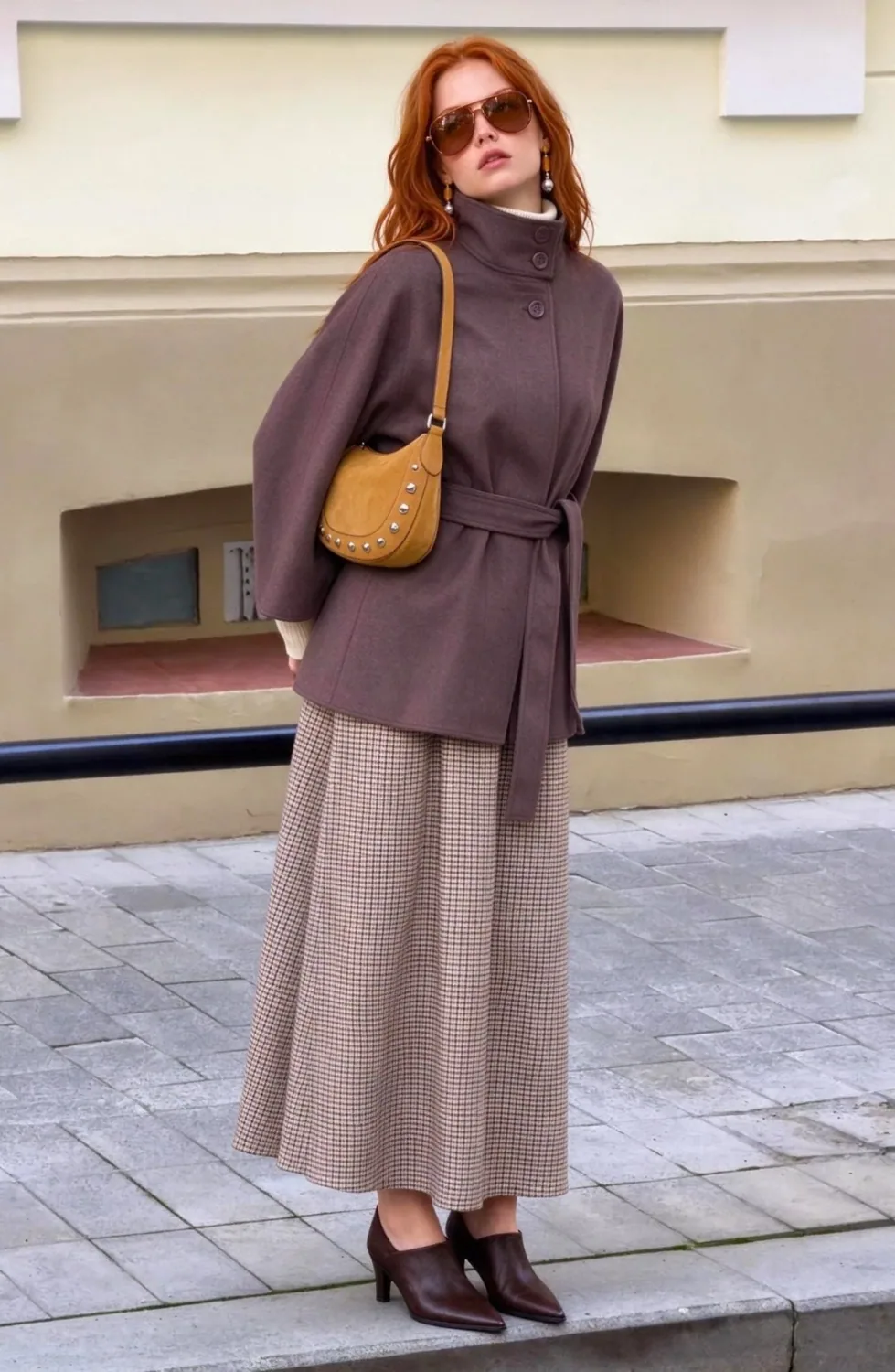 بونشو كشمير بني بياقة عالية وحزام