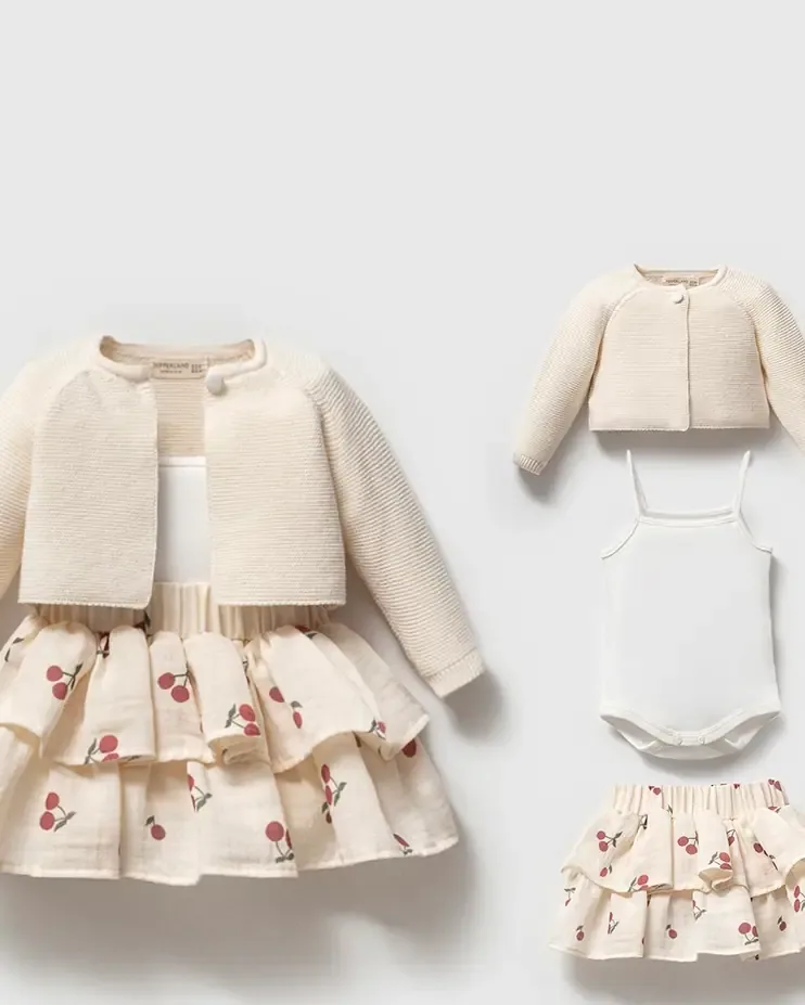 طقم رضيعة تريكو ٣ قطع مع بوليرو وتنورة كشكش - صورة 2