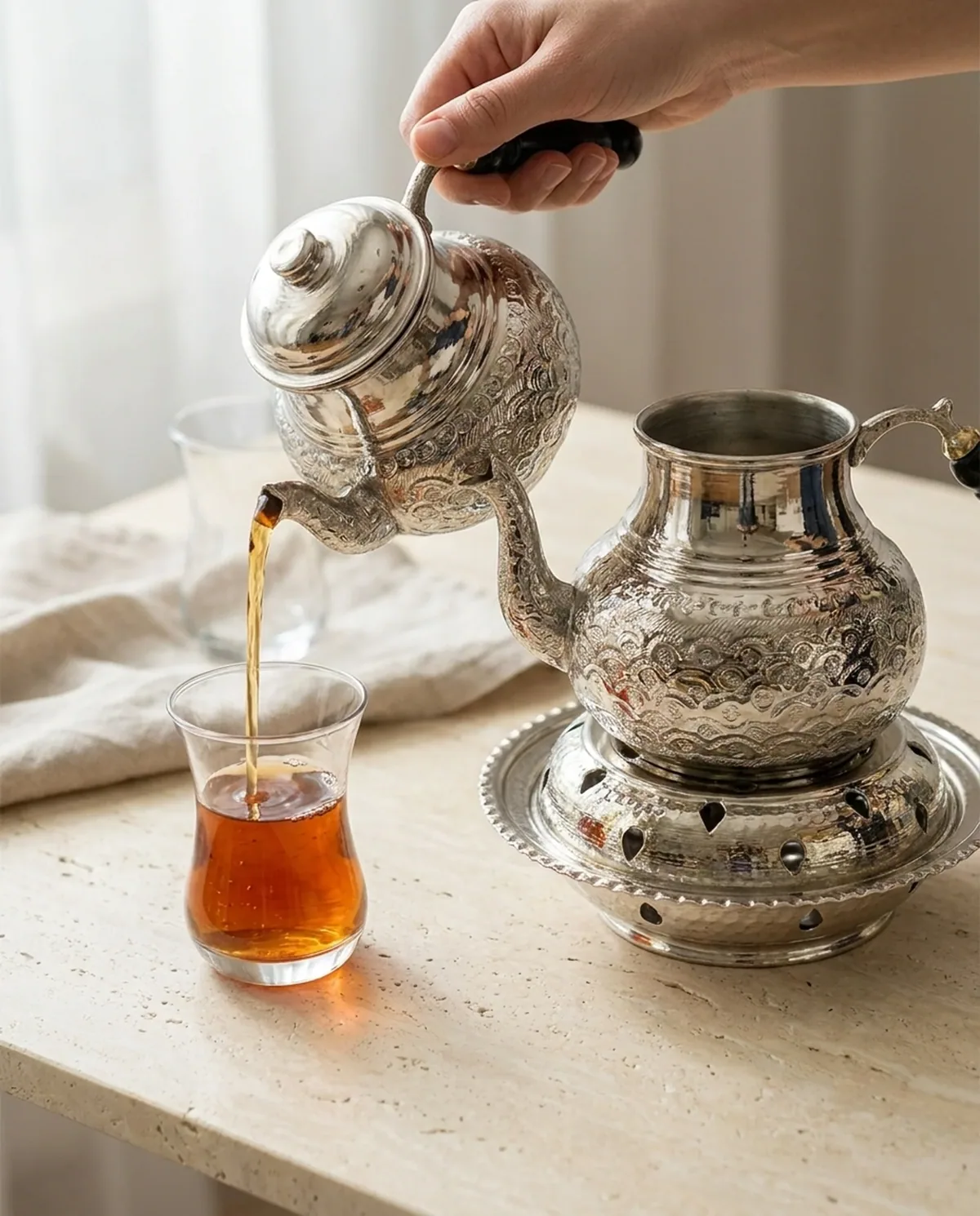 إبريق شاي نحاس مقصدر بموقد ونقش أقحوان - صورة 3