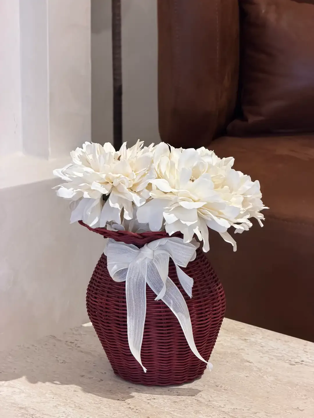 طقم مزهريتين روطان خمري بشريطة