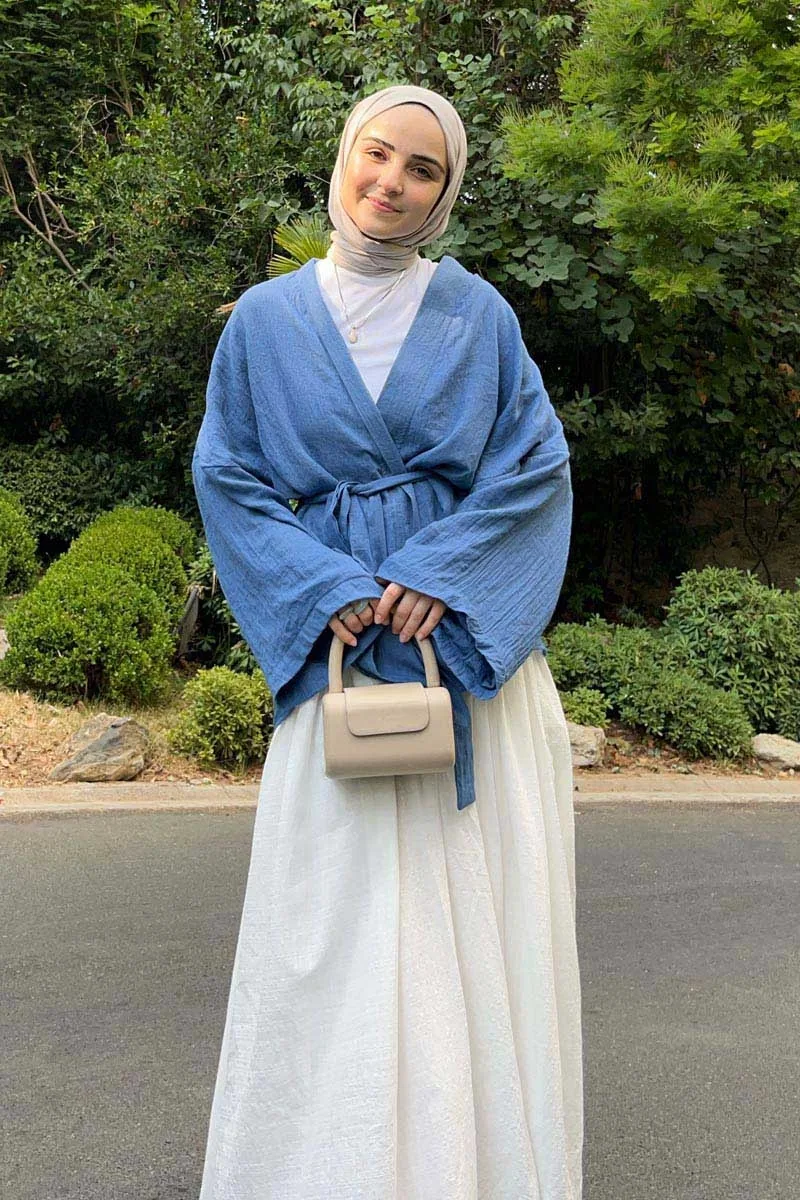 كيمونو قطن إيطالي بأكمام منخفضة بلون نيلي - صورة 3