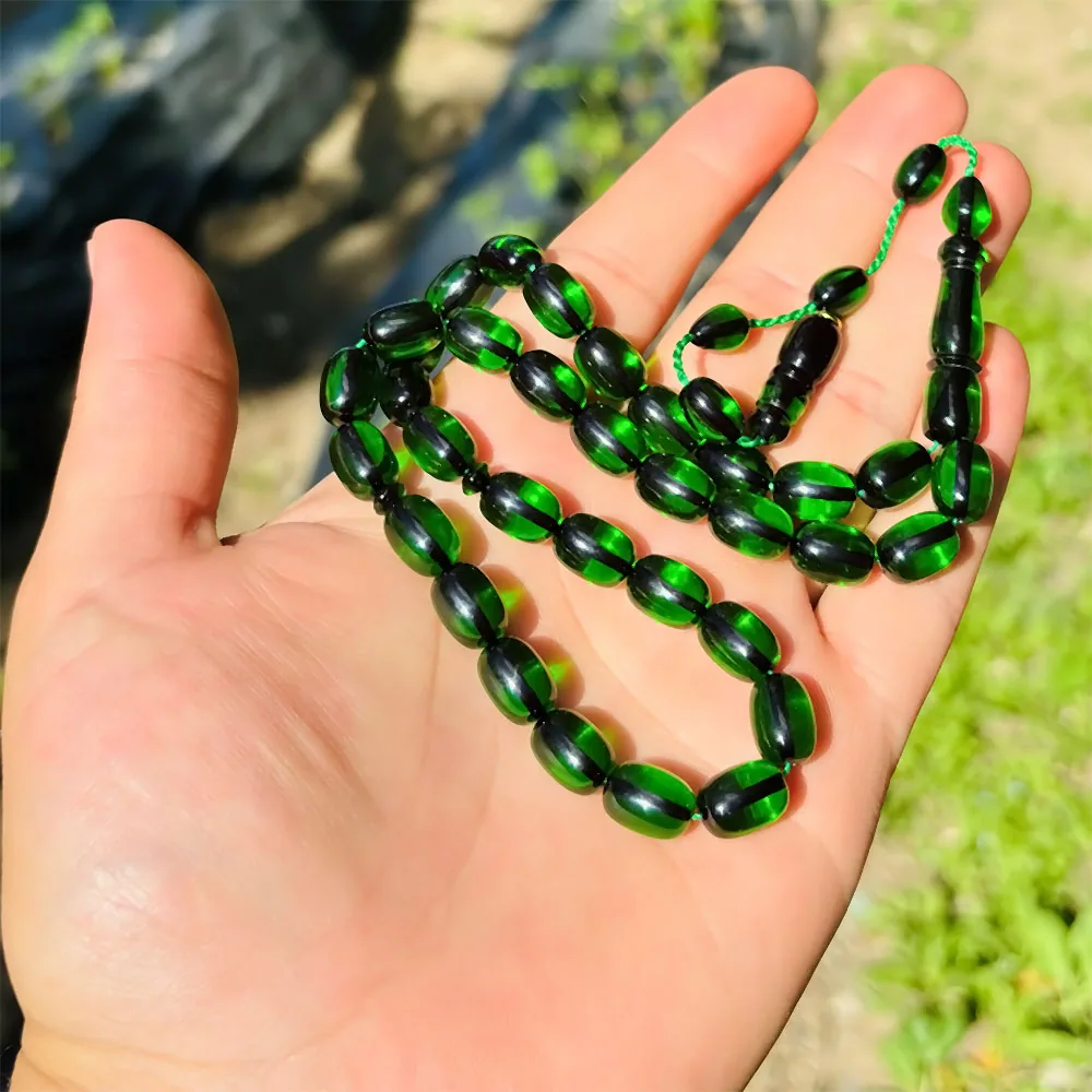 مسبحة كهرمان مضغوط خضراء بحبات بيضاوية - صورة 4