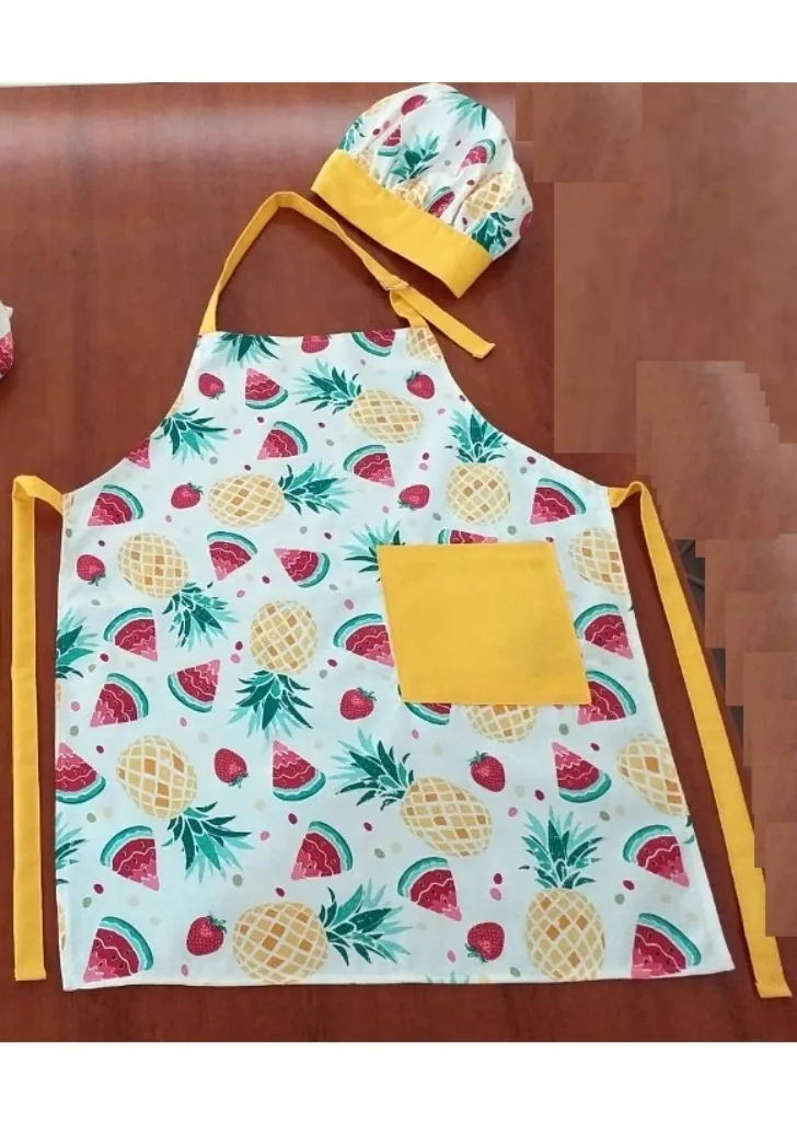 طقم مريلة طباخ مع قبعة بنقشة أناناس - أصفر