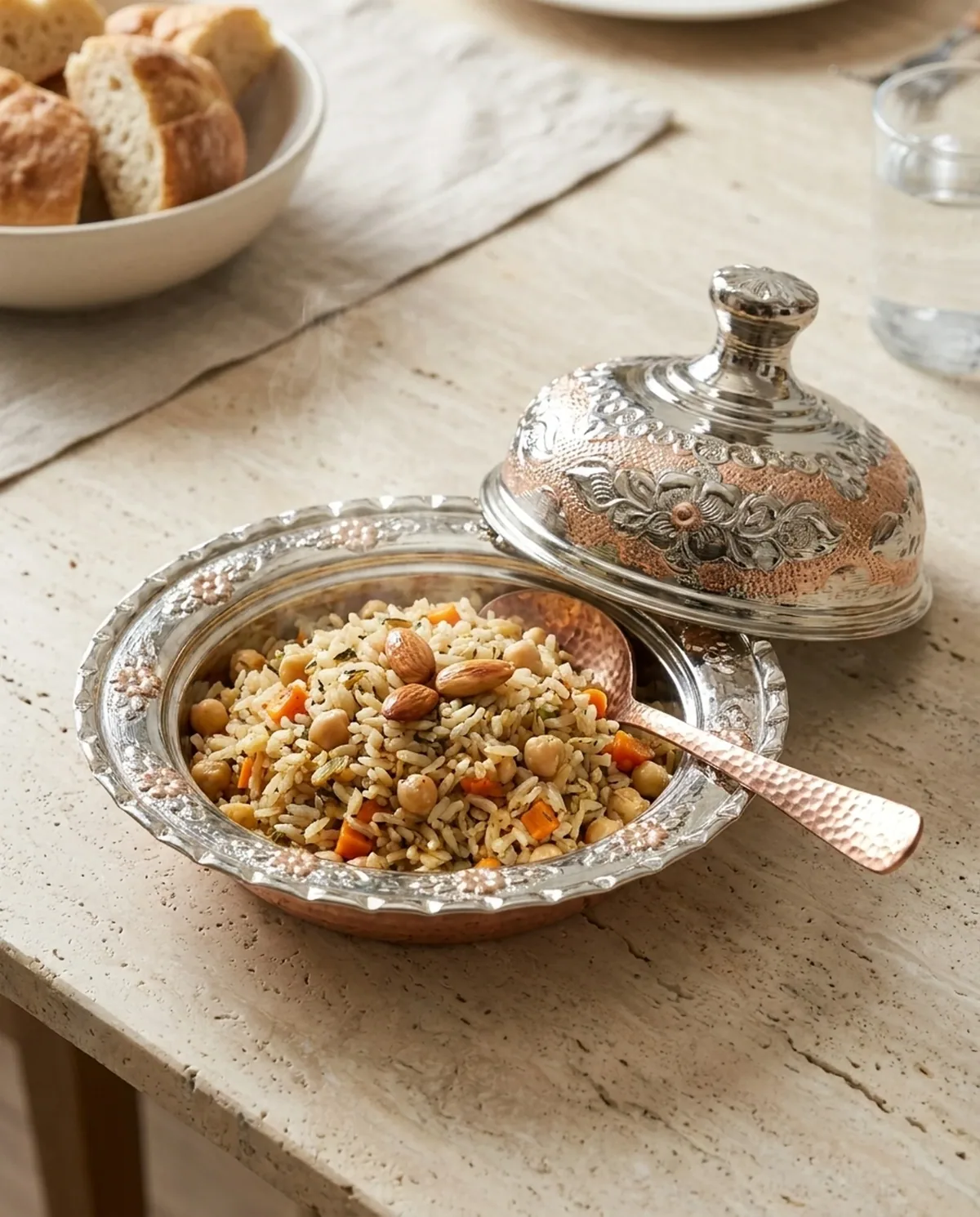 صحن أرز نحاس بلونين بغطاء ونقوش 18 سم