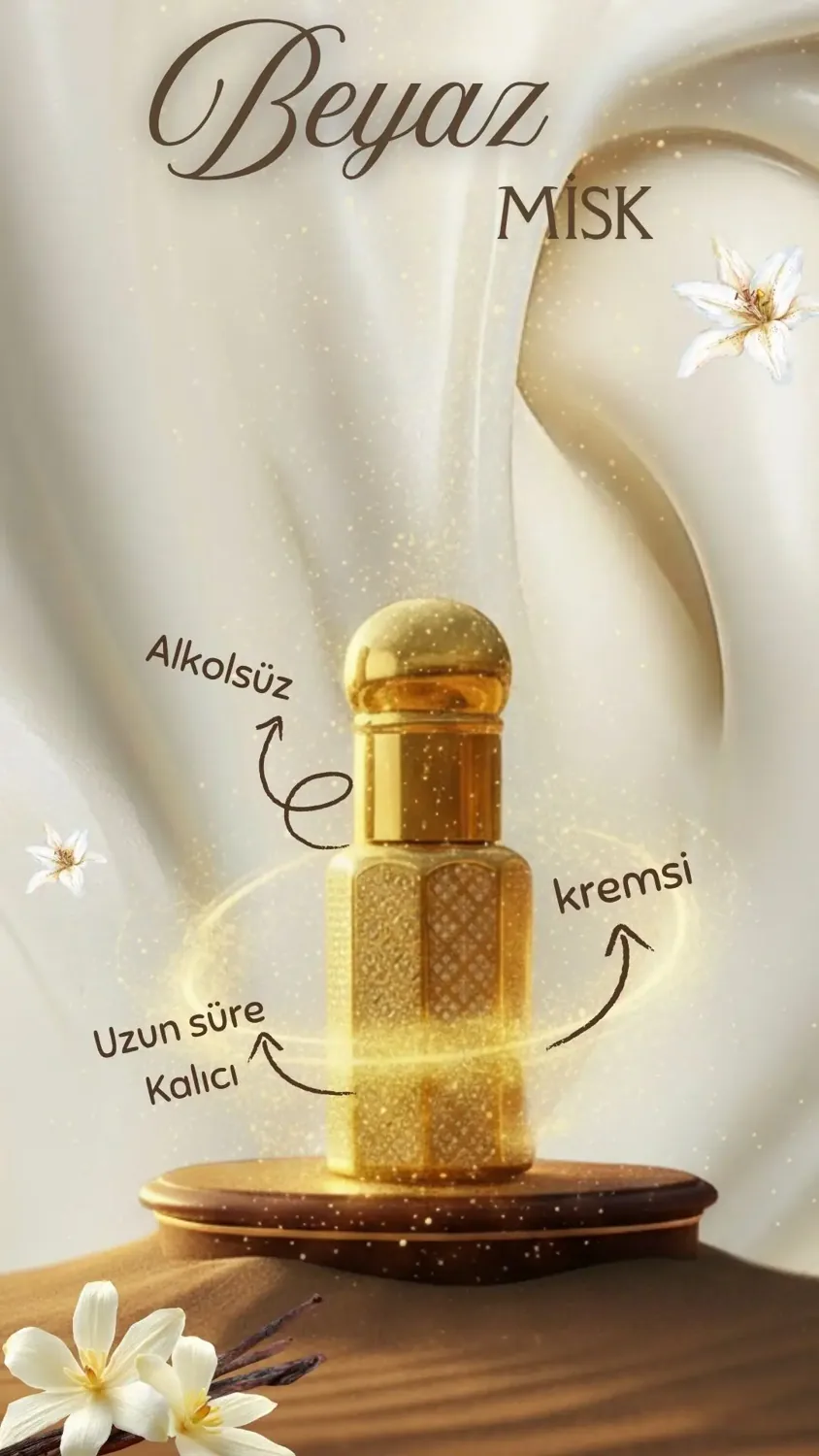 عطر المسك الأبيض الكريمي بدون كحول في قارورة ذهبية بعود تطبيق 6 مل