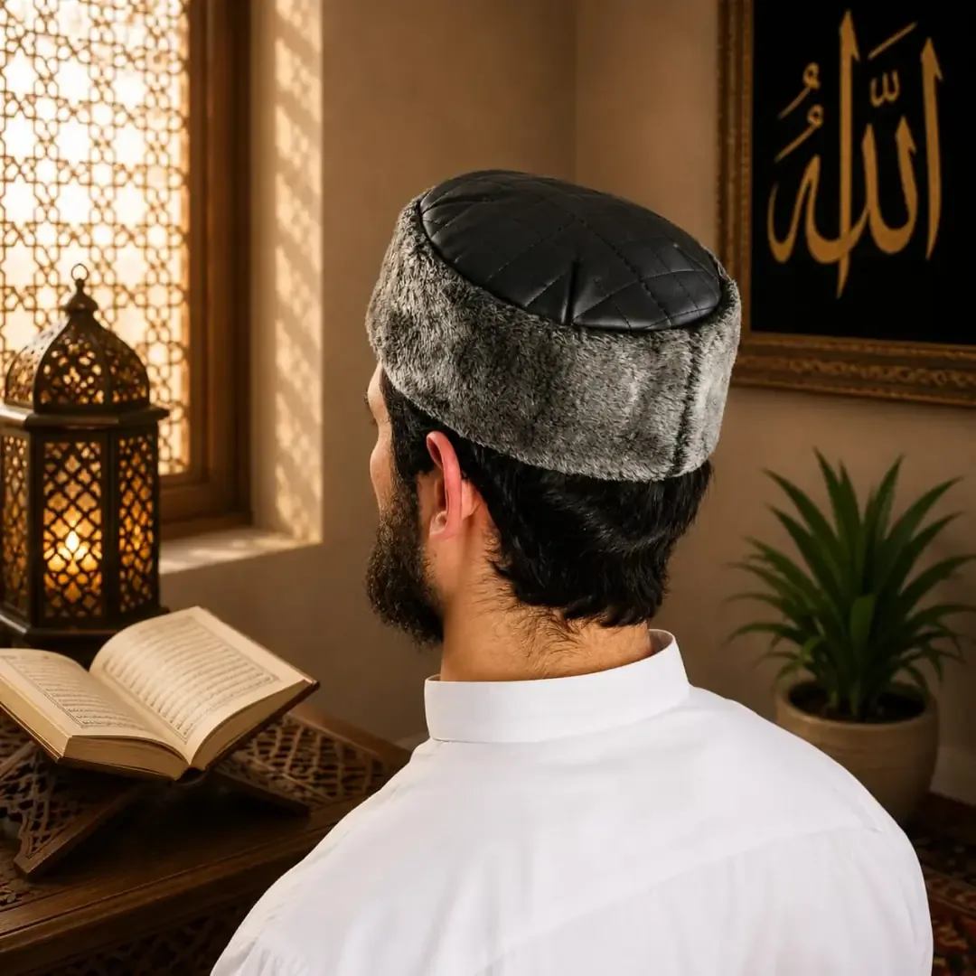 طاقية صلاة جلد طبيعي مبطنة بالفرو - صورة 2
