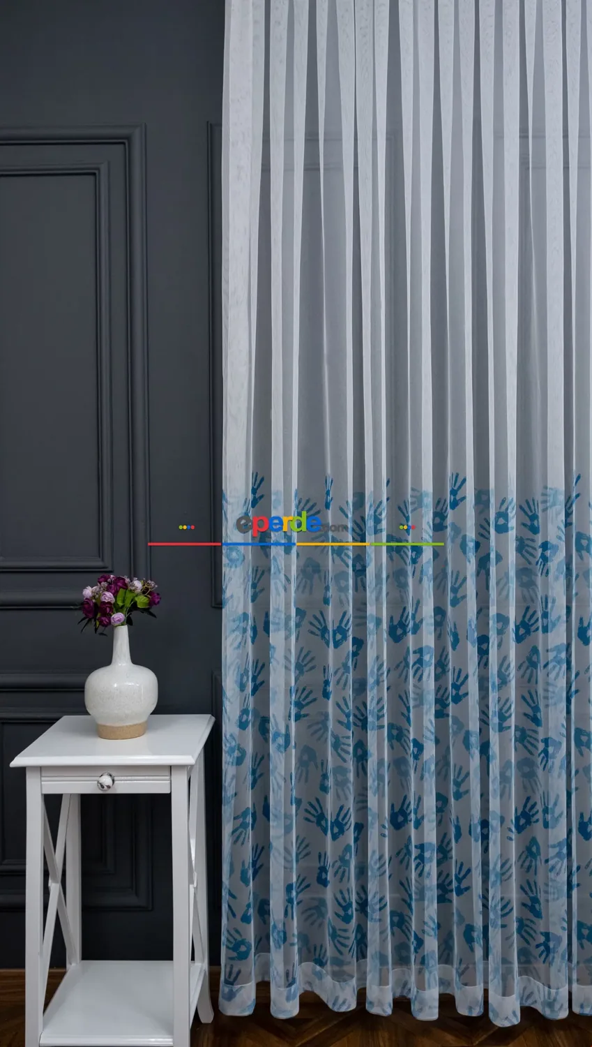 ستارة تول بنقشة يدوية زرقاء مطبوعة 190×255 سم