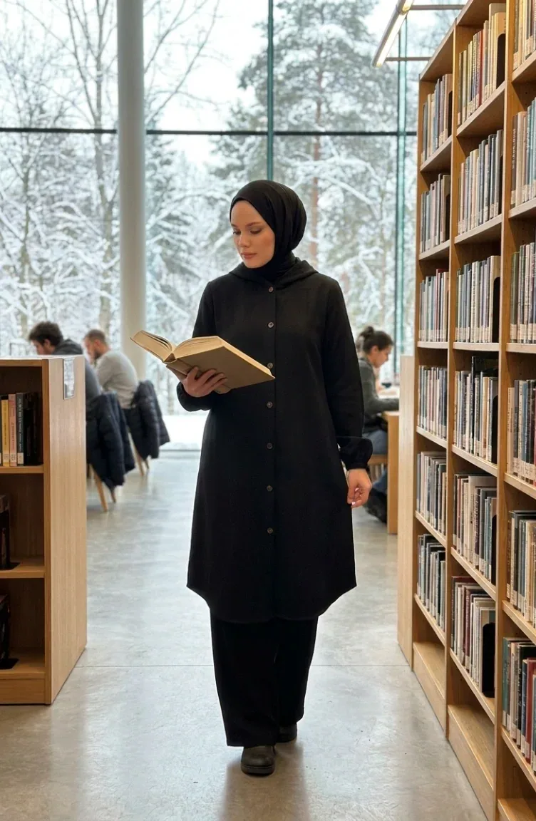 كاب جوخ أسود بقبعة وأكمام بأساور مطاطية - صورة 3