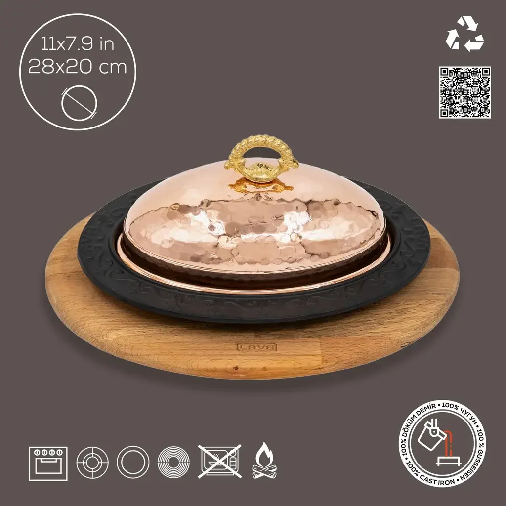طبق كباب حديد زهر بيضاوي بغطاء نحاسي مطروق وقاعدة زان - صورة 3