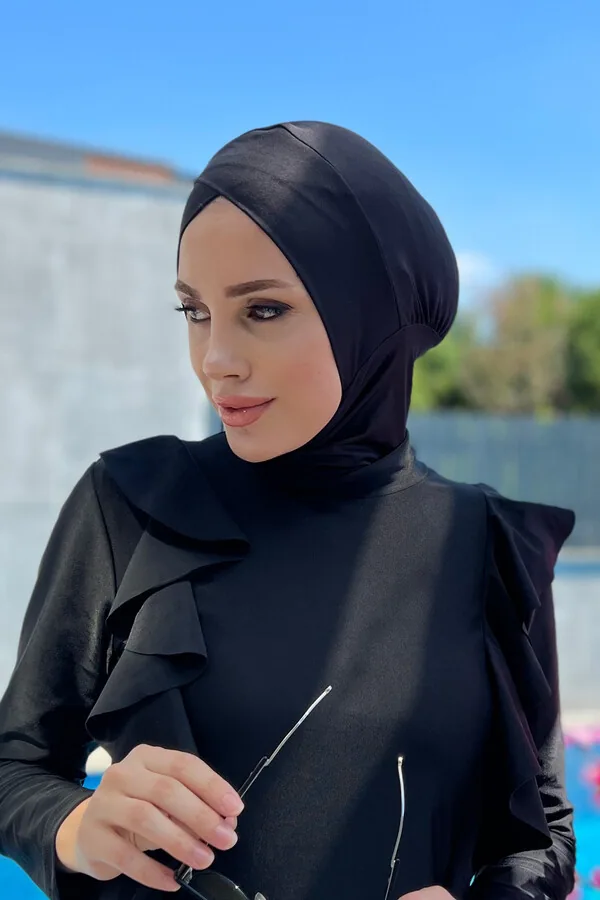 غطاء سباحة أسود بإيشارب متقاطع يغطي الرقبة - صورة 2
