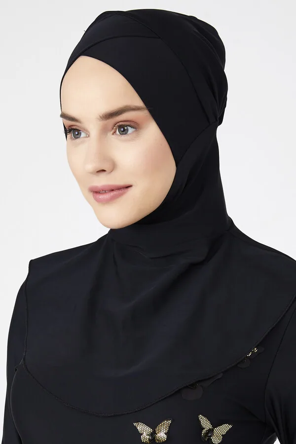 غطاء سباحة أسود بإيشارب متقاطع يغطي الرقبة - صورة 4