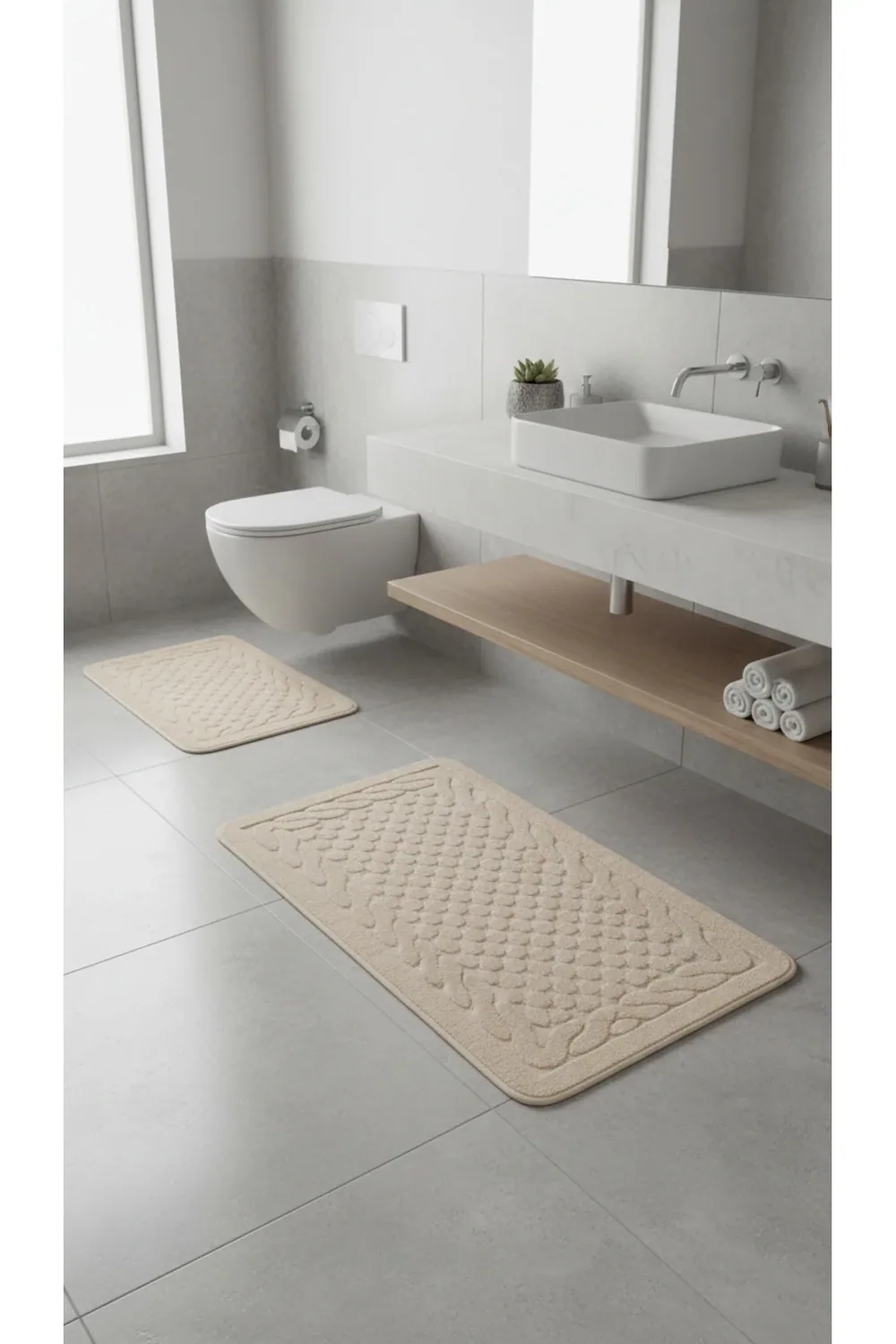 طقم دواسات حمّام من قطن قطعتان 60×100 سم - بيج