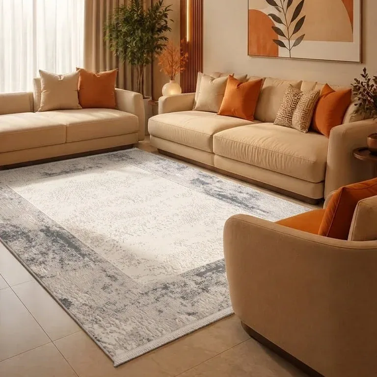 سجادة صالون مزخرفة بإطار مموه 100×200 كريمي