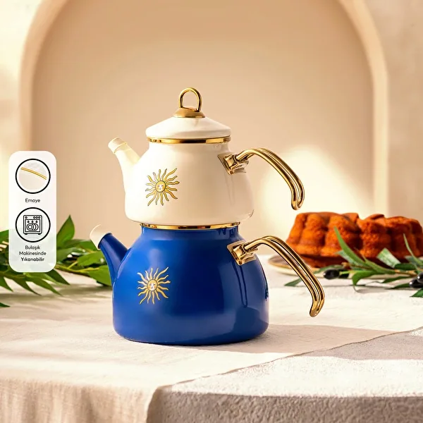طقم إبريق شاي مطلي بالمينا حجم متوسط 1.1 و2.3 لتر