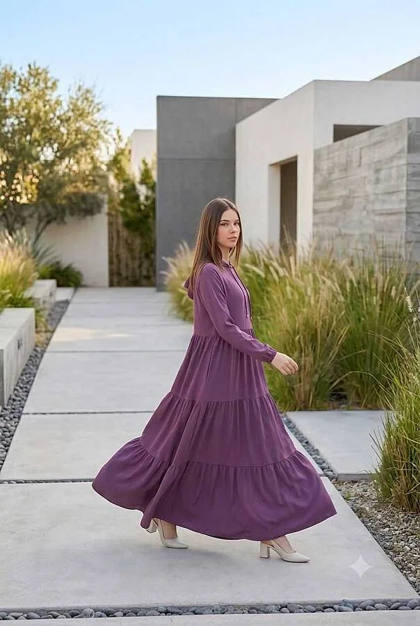فستان كريب بقبعة وأكمام ريغلان بلون ليلكي - صورة 4
