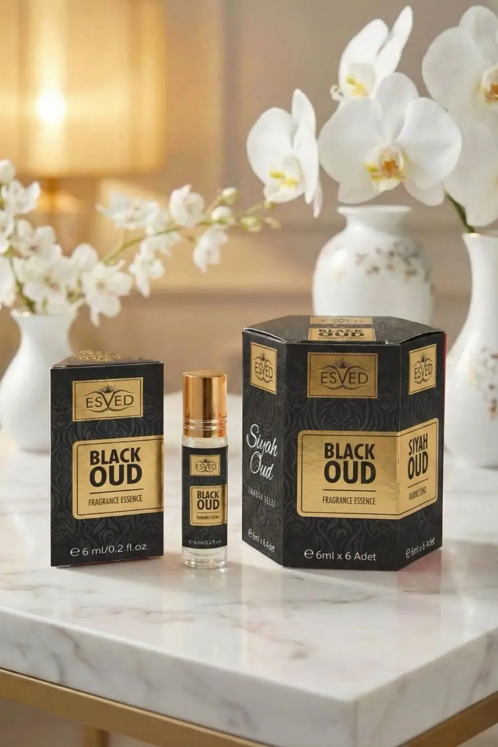 زيت عطر العود الأسود بدون كحول 6 مل في علبة سوداء وذهبية للهدايا