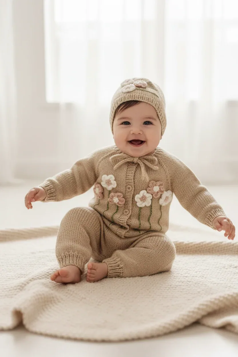 طقم أفرهول رضّع محاك يدويًا بزهور وردية