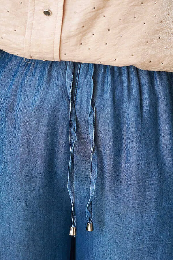 بنطال تينسل واسع جدا بخصر مطاطي بلون كحلي - صورة 6