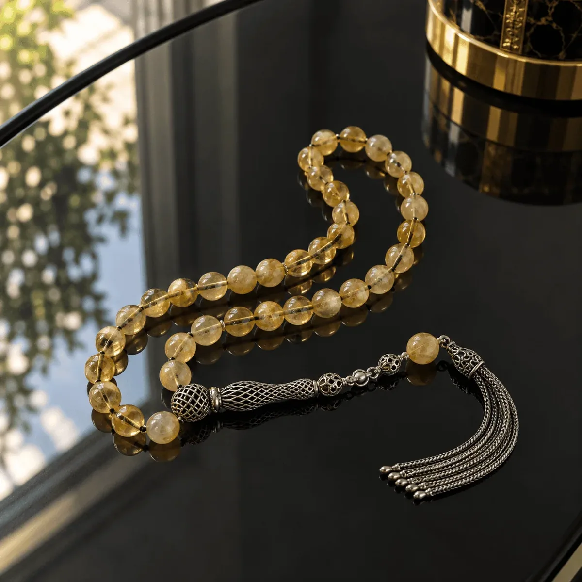 مسبحة حجر السترين الطبيعي بتصميم فضي