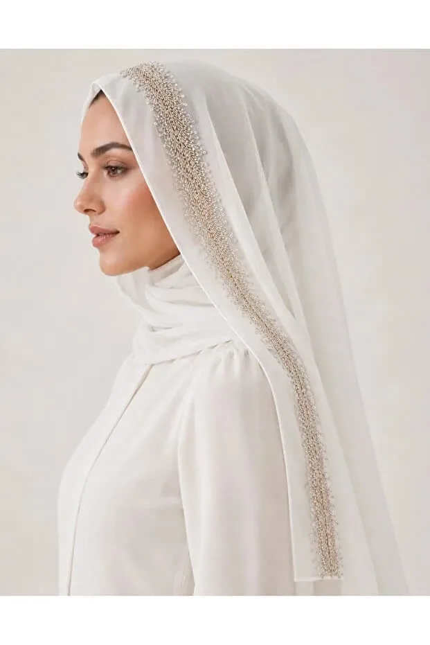 طرحة صلاة بيضاء بشريط مرصع 175×70 سم