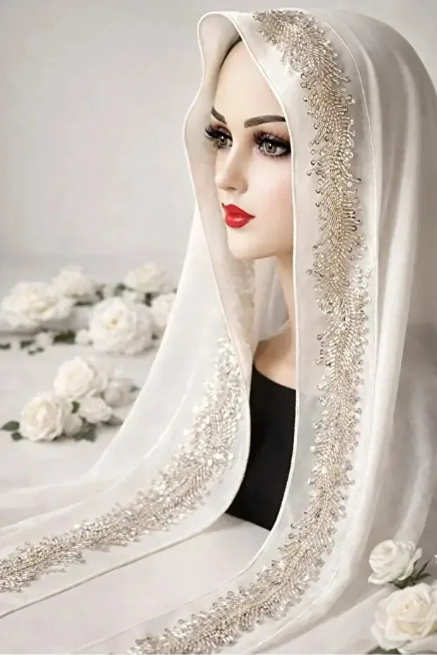 طرحة صلاة بيضاء بشريط مرصع 175×70 سم - صورة 2