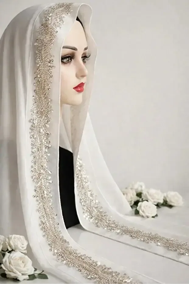 طرحة صلاة بيضاء بشريط مرصع 175×70 سم - صورة 4
