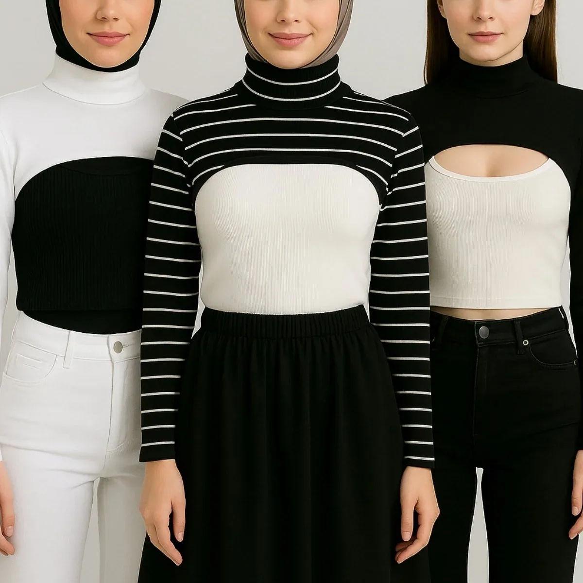 ثلاث قطع أسود وأبيض ومخطط بياقة عالية - صورة 2
