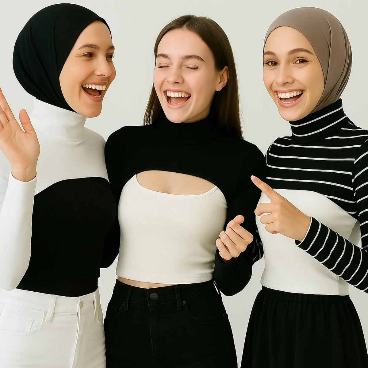 ثلاث قطع أسود وأبيض ومخطط بياقة عالية - صورة 4