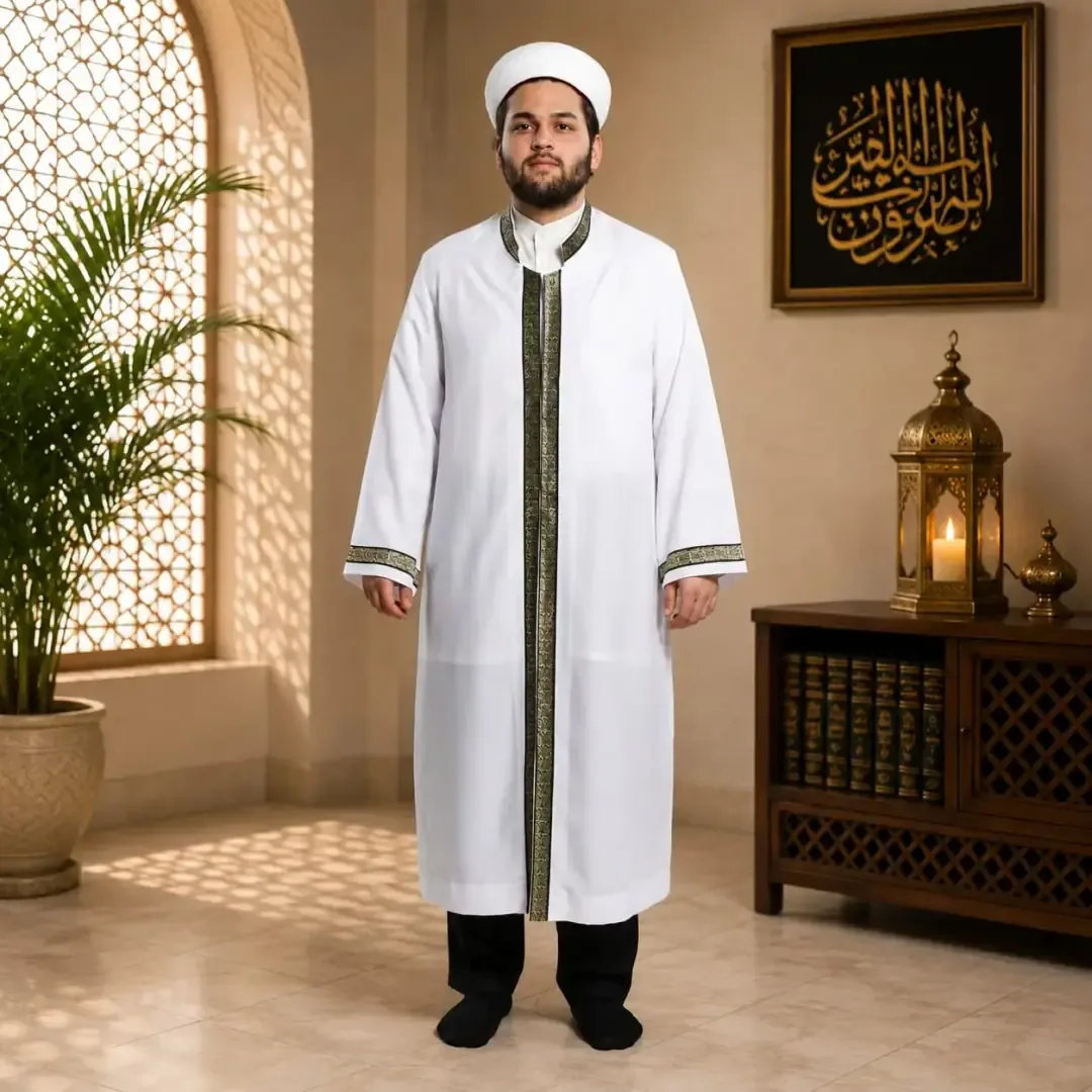 جبة إمام بكبسات بحواف مطرزة - أبيض