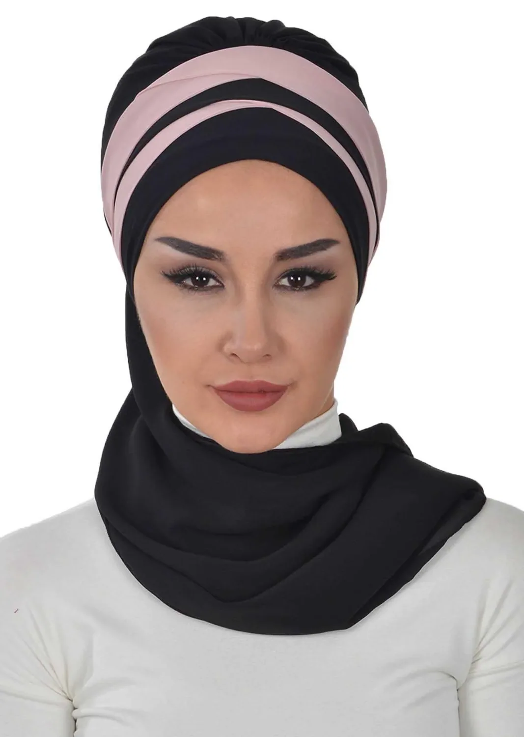 حجاب شيفون جاهز بخياطة متقاطعة ولونين مع فولار