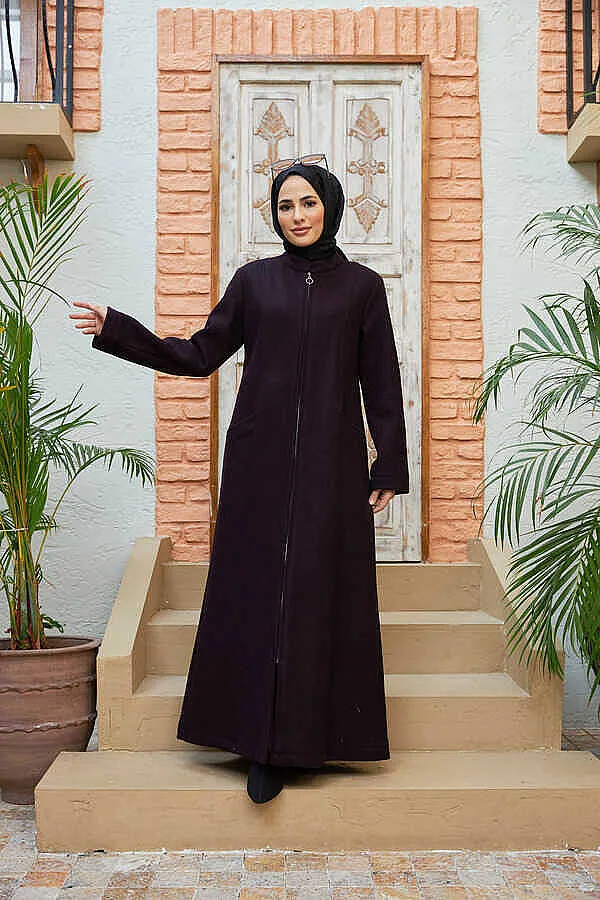 معطف جوخ طويل بالصوف بلون برقوقي - صورة 3