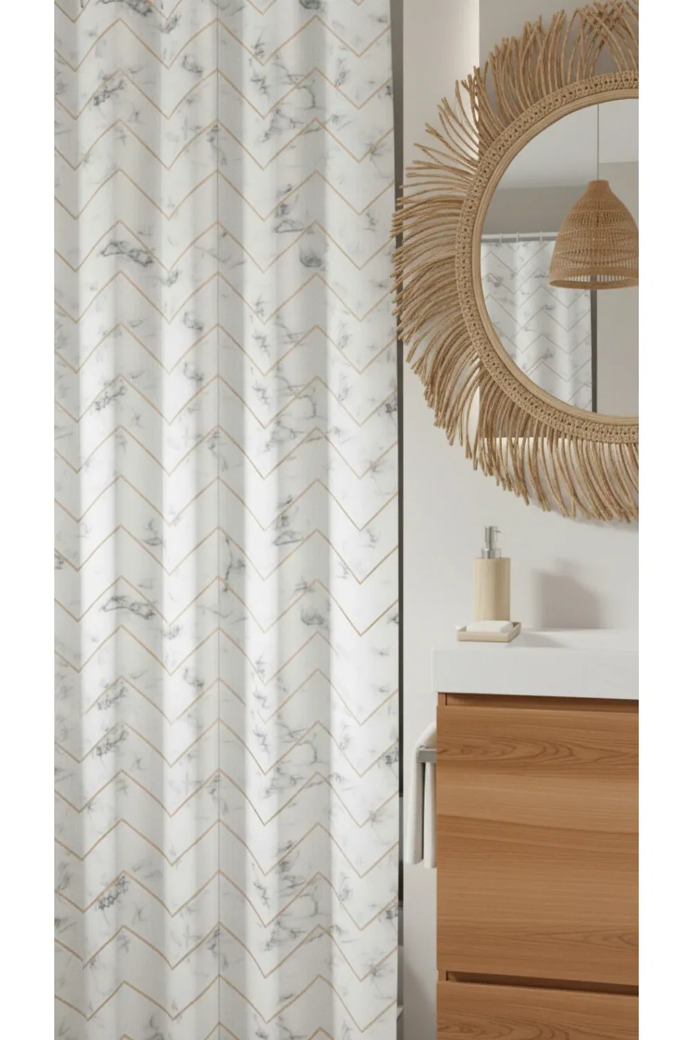 ستارة حمّام من بوليستر بنقشة رخام 180×200 سم - أبيض - صورة 2