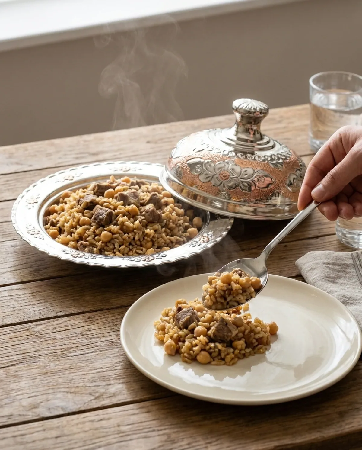 صحن أرز نحاس بلونين بغطاء ونقوش 21 سم - صورة 3
