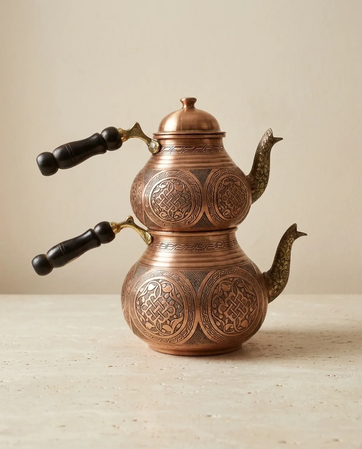 طقم إبريق شاي نحاس أحمر منقوش 3 لتر