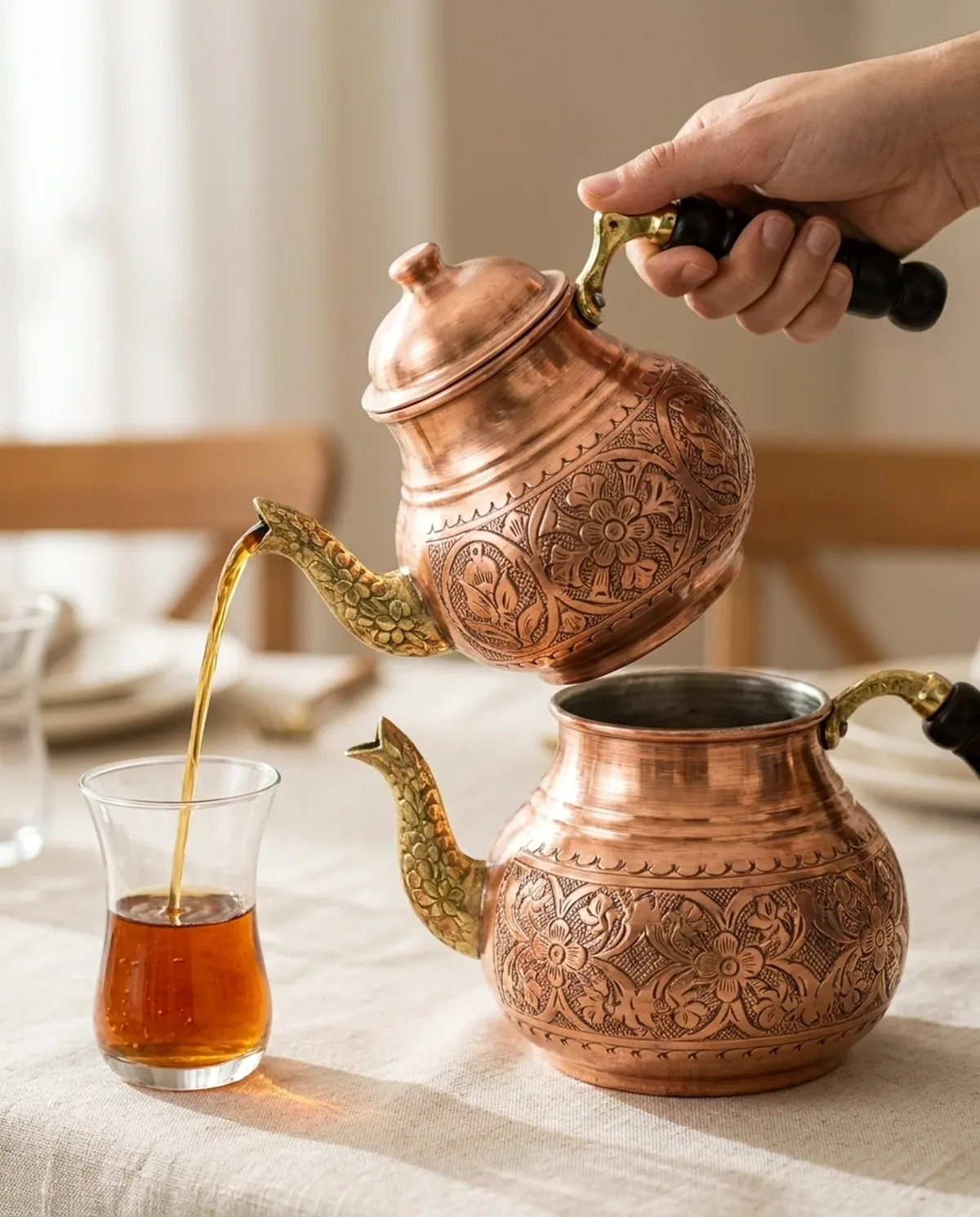 طقم إبريق شاي نحاس أحمر منقوش 3 لتر - صورة 3