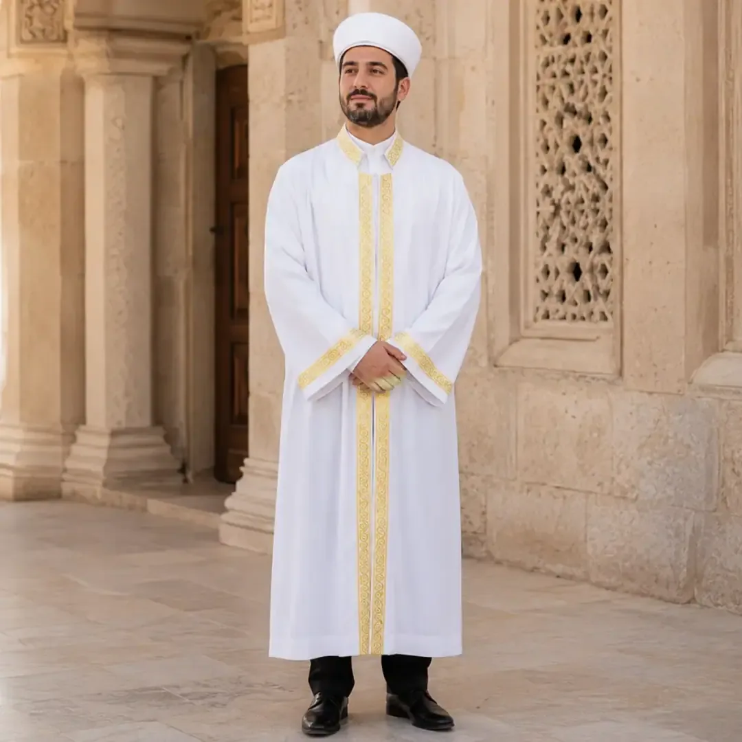 جبة إمام بحواف مطرزة - أبيض