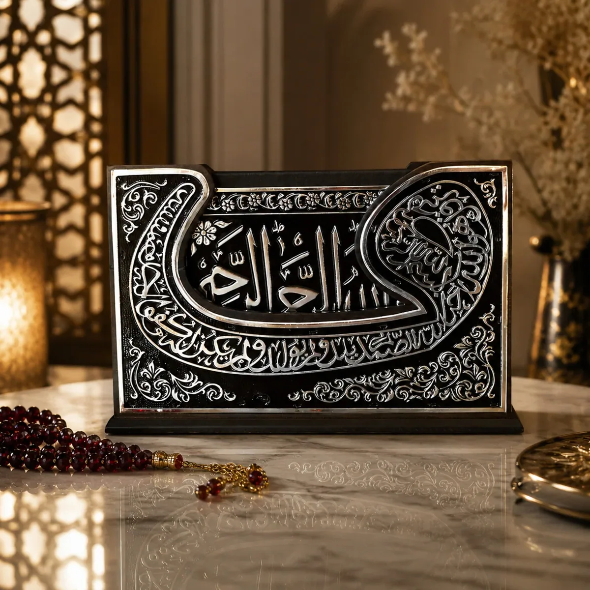 علبة مصحف خشبية فضية النقش مع المصحف الشريف