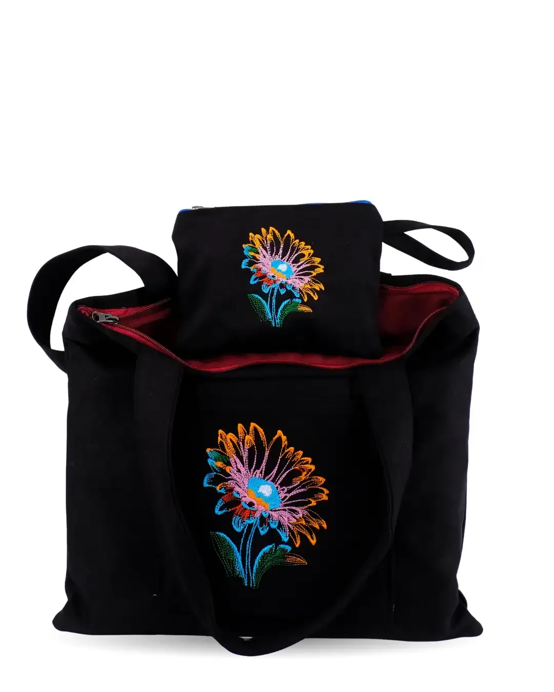طقم حقيبة سوداء ومحفظة بتطريز زهرة اللوتس
