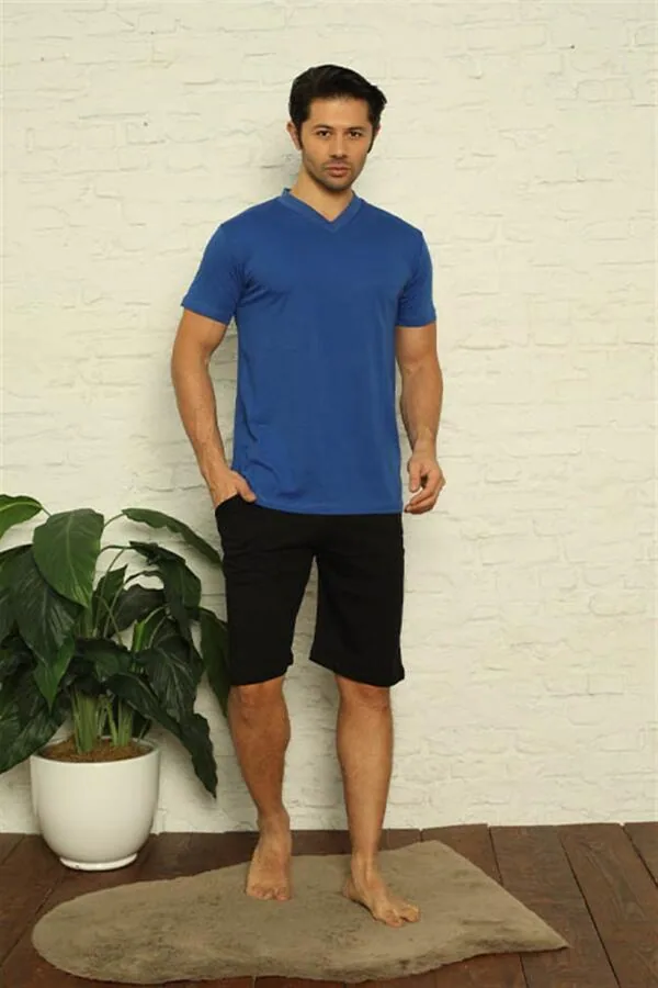 طقم بيجاما قطني أزرق ملكي بياقة V، 3 قطع - صورة 3