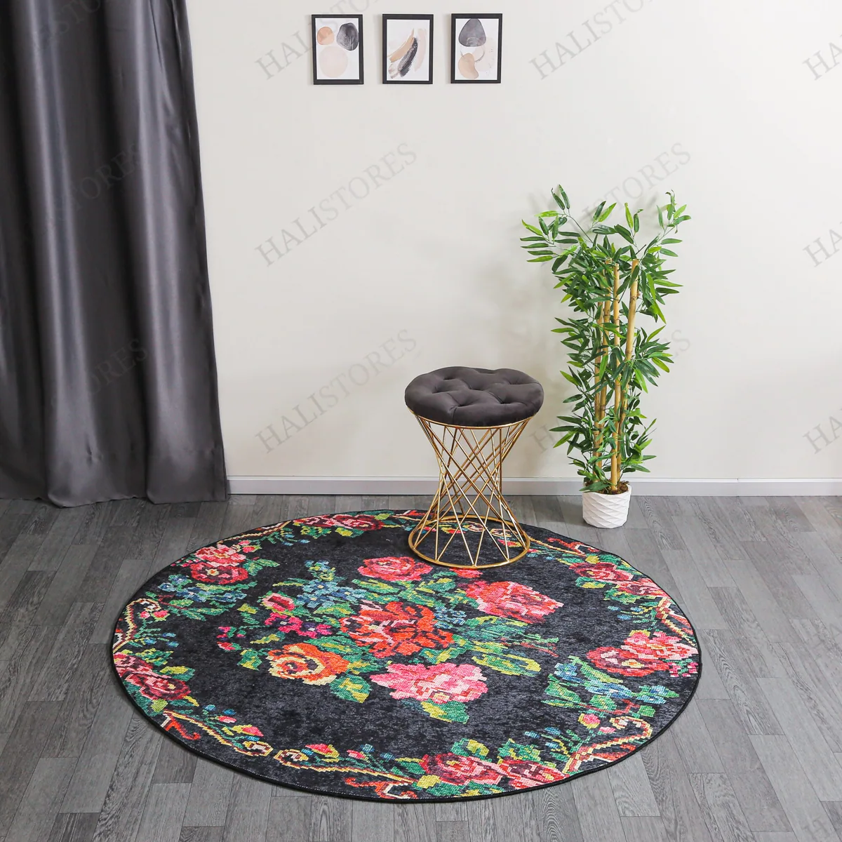 كليم دائري مطبوع رقميًا طراز قره باغ - أسود - 120×120 سم