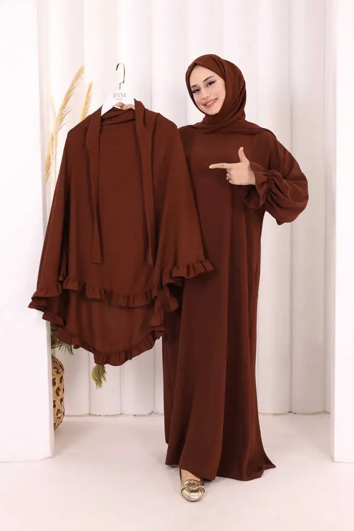 طقم عمرة خمار مكشكش وفستان بني